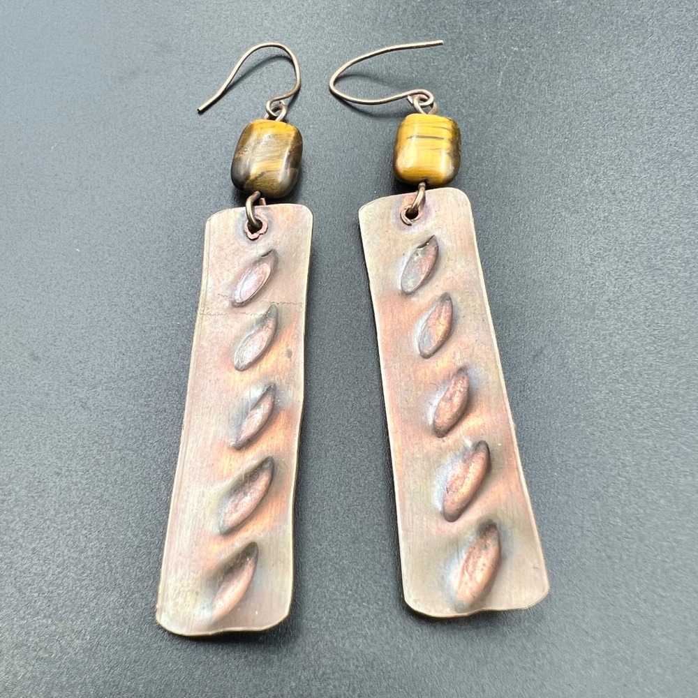 Handmade Copper Tigersโ Eye Dangle Earrings Rectangle Hammered 3.25" Whimsical